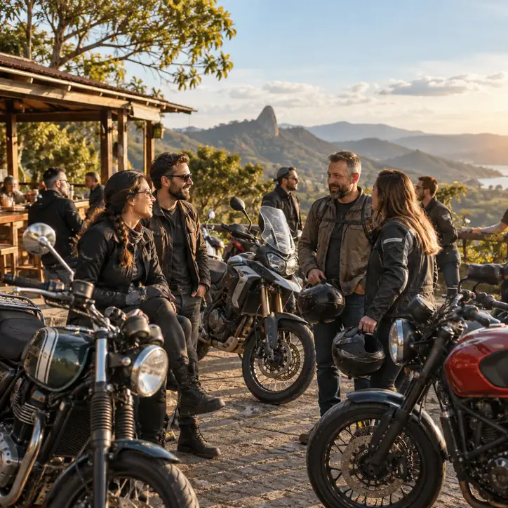 Motociclistas conversando ao lado de suas motos durante um encontro em um mirante